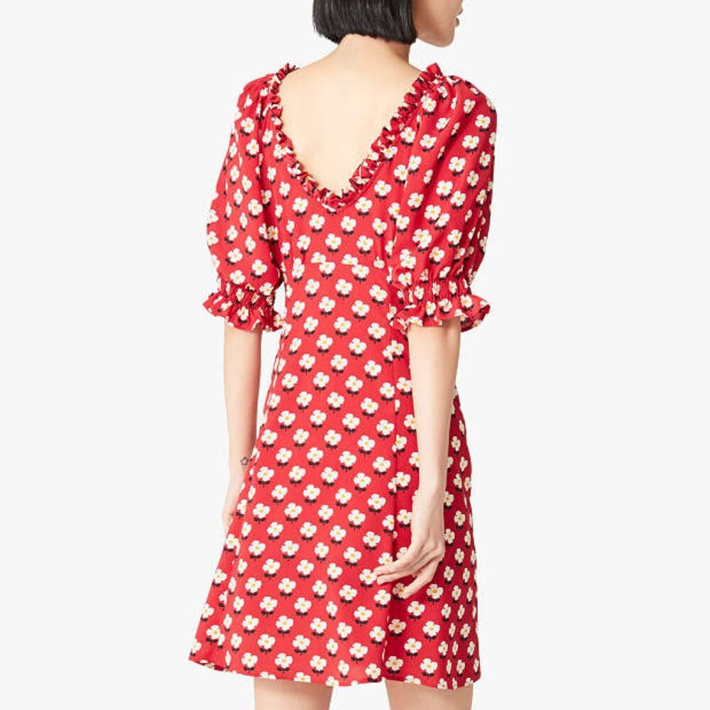 Kate Spade Block Flower Fluid Floral Puff Smocked Ruffle Sleeve Mini Dress Sz 4